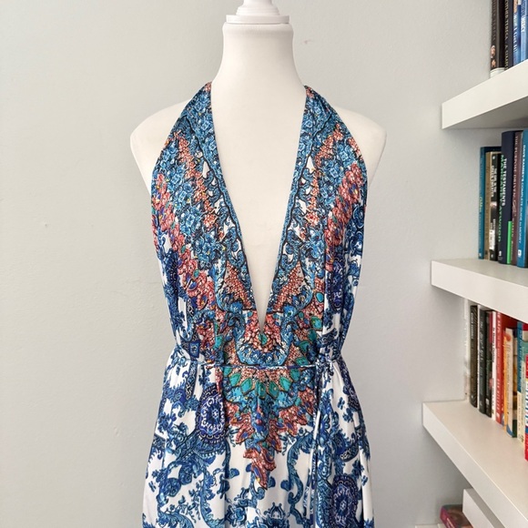 VENUS Blue and White Backless Halter Sundress Large - Picture 2 of 12
